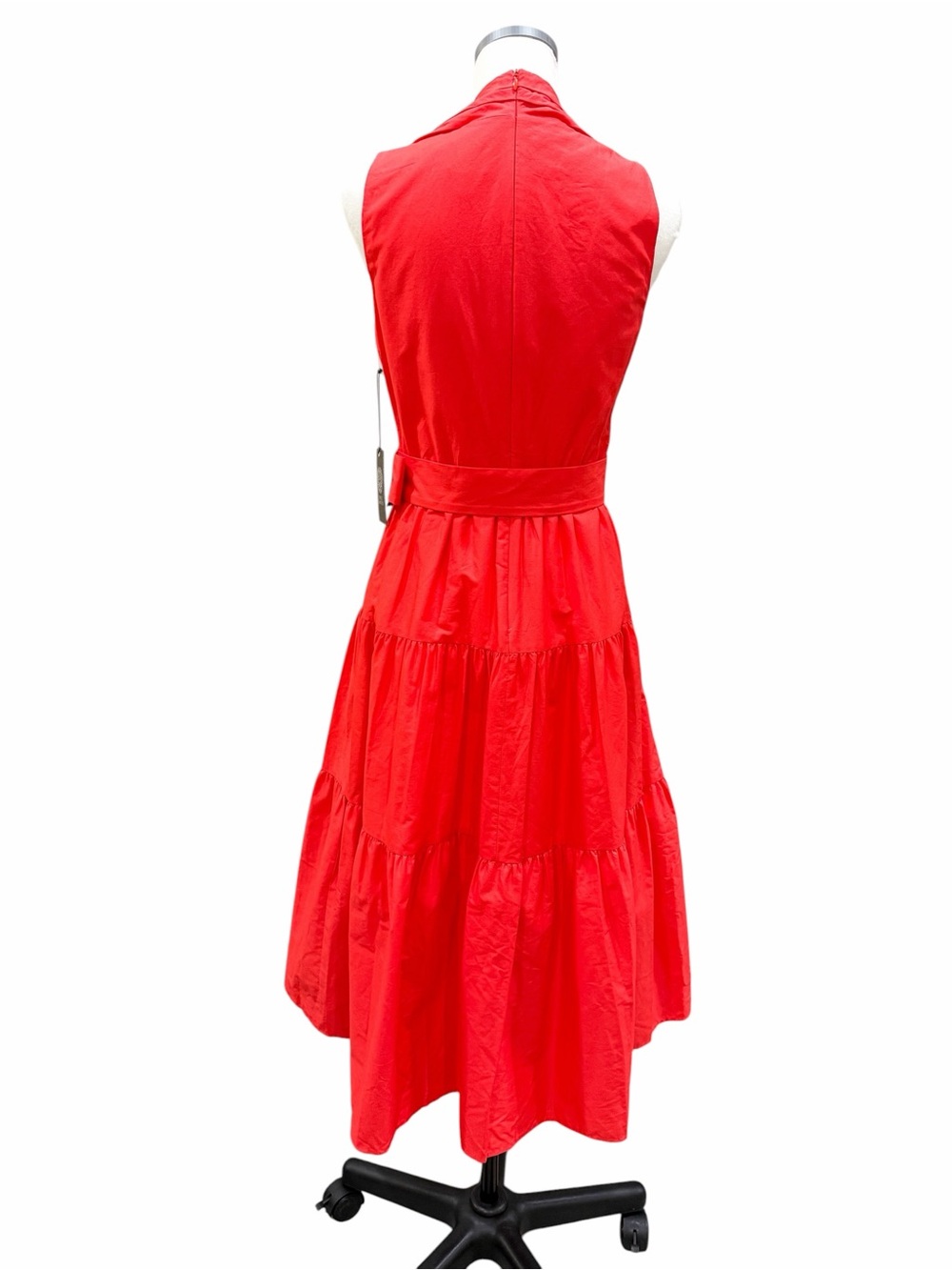 Vince Camuto Pleat Neck Cotton Midi Dress Belted Tiered Poppy Red 4 NWT - Picture 4 of 16